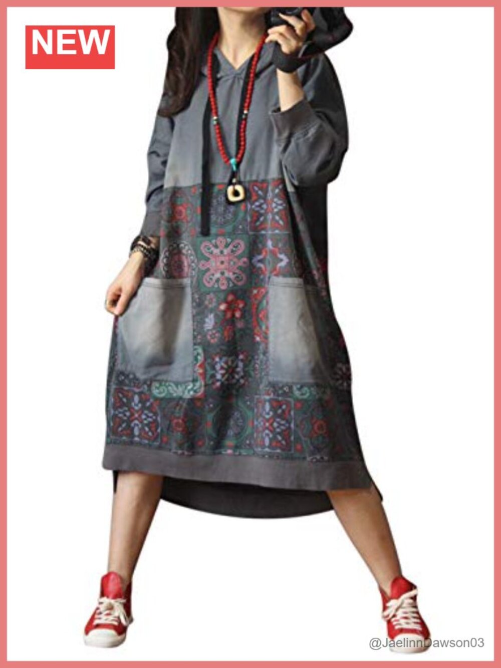 Women's Loose Ethnic Floral Hoodie Sweatshirt with Pockets
